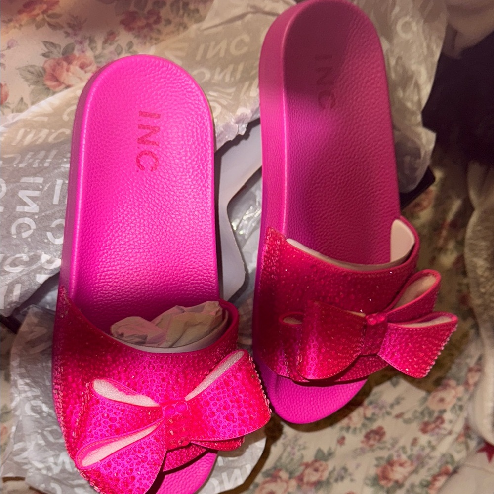 INC International Concepts women’s Hot Pink Sequin Bow Slide Sandals